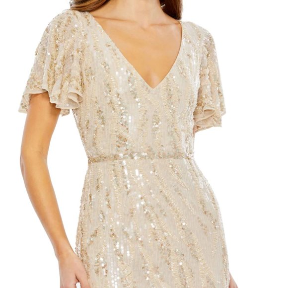 MAC DUGGAL 93591 SEQUINED V-NECK FLUTTER SLEEVE OYSTER SHEATH MIDI DRESS sz 4 - Picture 3 of 5